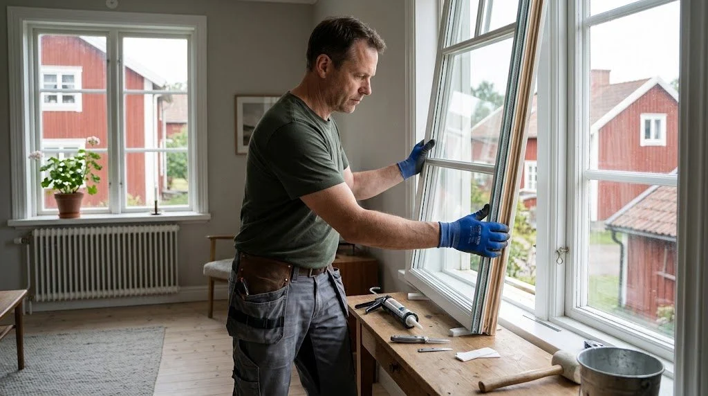 Montering av energieffektivt glas i en befintlig träbåge