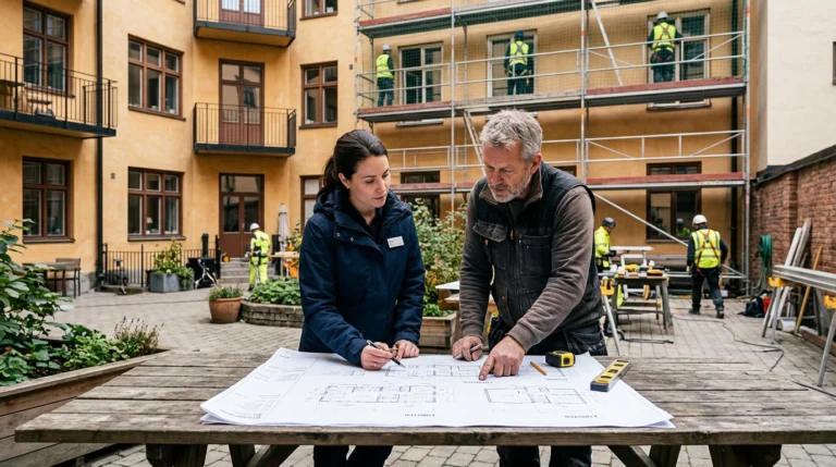 Illustration av en BRF-representant och hantverkare som planerar ett fönsterprojekt