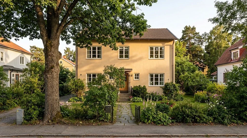 Renoverade träfönster på en äldre villa i Bromma