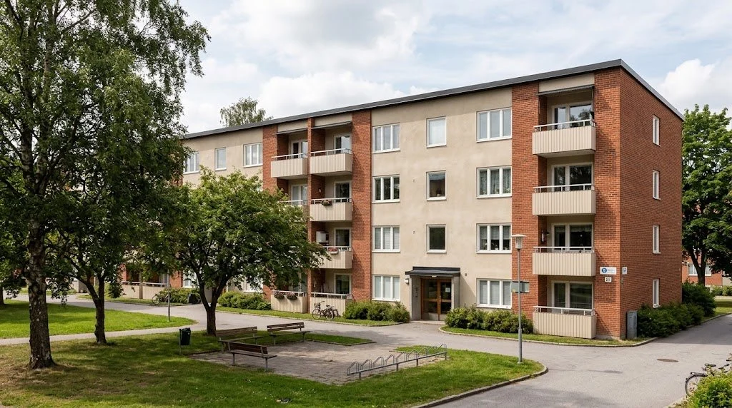 Renoverade fönster på ett flerbostadshus i Huddinge
