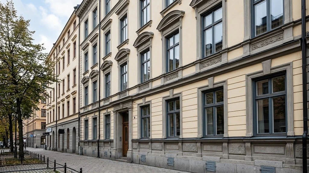 Renoverade träfönster på en äldre fasad på Östermalm