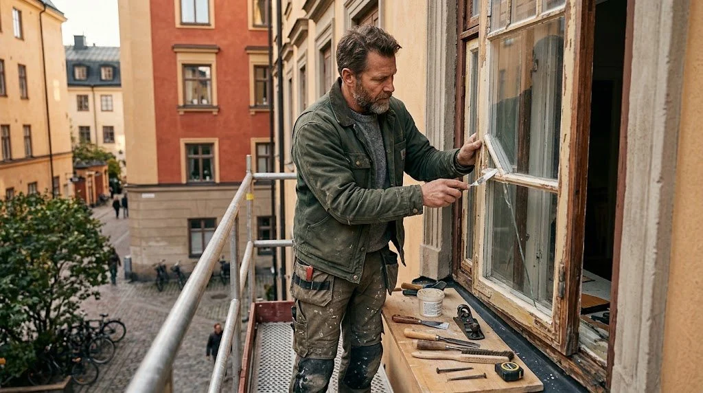 Hantverkare som renoverar ett äldre träfönster i Stockholm