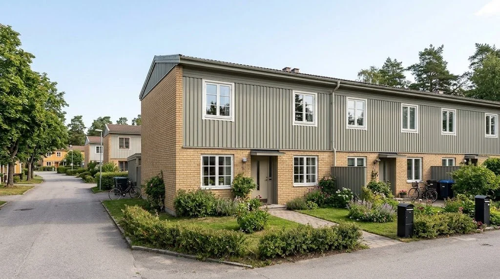 Renoverade träfönster på ett radhus i Täby