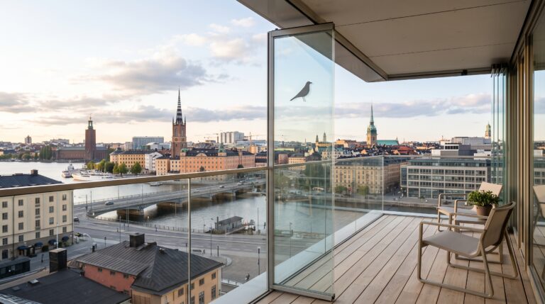Diskret rovfågelsilhuett som fågelskrämma på ett fönster mot en balkong i Stockholm
